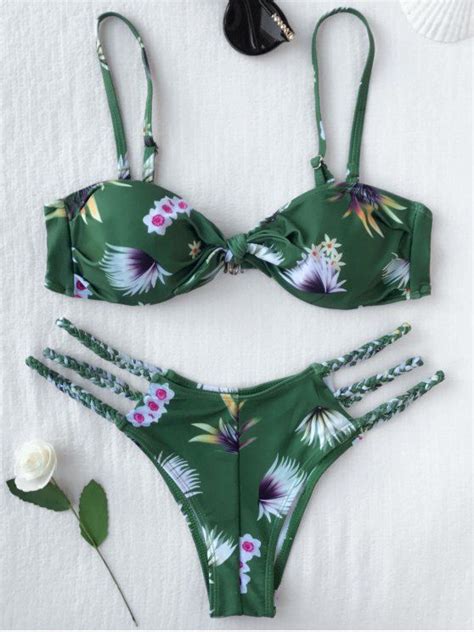 Off Printed Knotted Bikini Top And Bottoms In Green Zaful