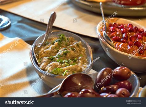 Arabic Meze Platter Starters Hummus Mutabbal Stock Photo 1906696576