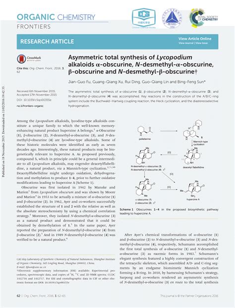 PDF Asymmetric total synthesis of Lycopodium alkaloids α obscurine N