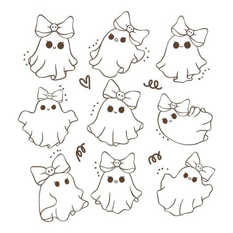 Cute Kawaii Halloween Ghost Cartoon Doodle outline Drawing Collection ...