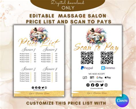 Massage Price List Template Elegant Spa Massage Price List Template Printable Editable Price