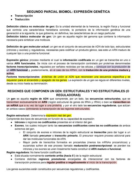 Do Parcial Segundo Parcial Biomol Expresi N Gen Tica Transcripci N