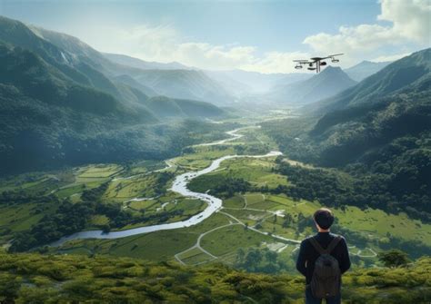 Premium AI Image A Biologist Using A Drone To Survey A Vast Landscape