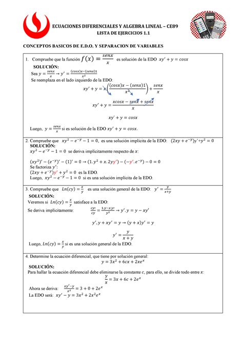 Lista De Ejercicios Ecuaciones Diferenciales Y Algebra Lineal Ce