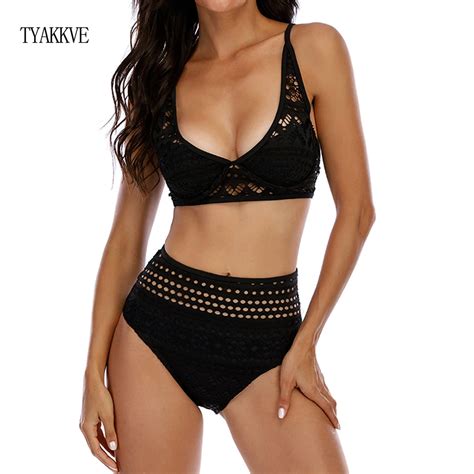 Black White Lace High Waist Swimsuit Bikini Set 2020 Sexy Solid Bikinis