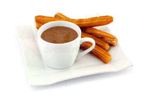 Churros Bedriegt Chocolade Typische Spaanse Zoete Snack Stock