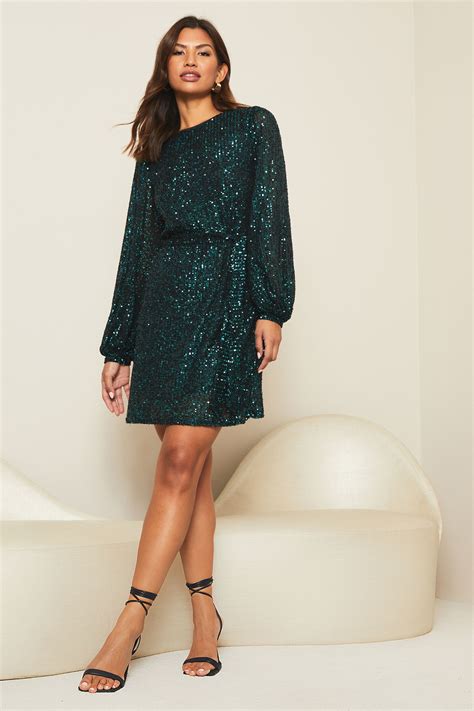 Buy Lipsy Forest Green Petite Sequin Long Sleeve Shift Dress From Next