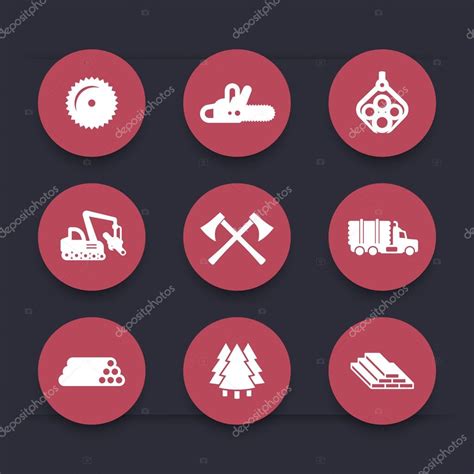 Logging, forestry equipment icons, sawmill, logging truck, tree harvester, timber, wood, lumber ...