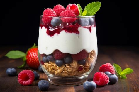 Yogourt Parfait Avec Des Fruits Frais Sur Une Table En Bois Rustique