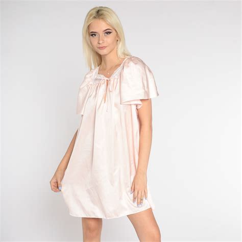 Pink Satin Nightgown S Lingerie Mini Dress Floral Lace Trim Etsy