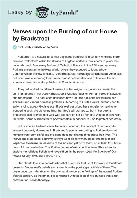 Verses Upon The Burning Of Our House By Bradstreet 841 Words Essay