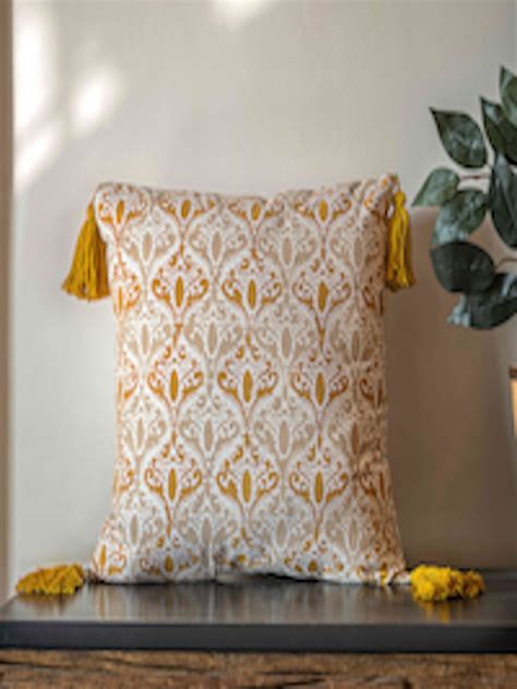 Buy Curious Lifestyle Yellow And White Embroidered Cotton Square Cushion