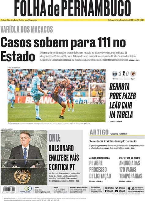 Capa Folha De Pernambuco Quarta 4 De Julho De 2018