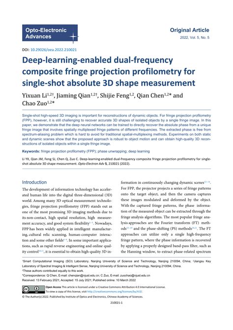 PDF Deep Learning Enabled Dual Frequency Composite Fringe Projection