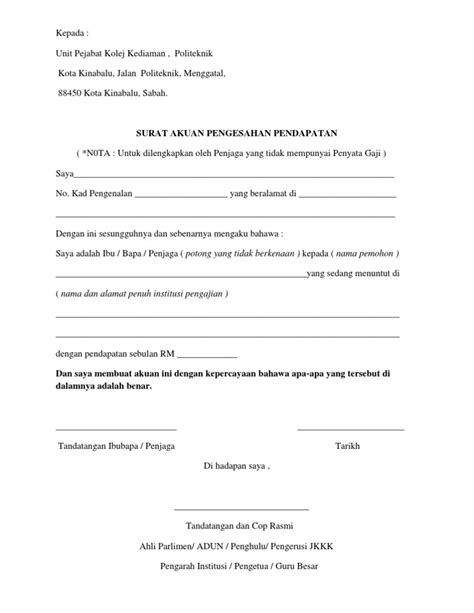 Surat Pengesahan Pendapatan Ibu Bapa Pdf