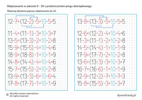 Odejmowanie w zakresie 20 z przekroczeniem progu dziesiątkowego