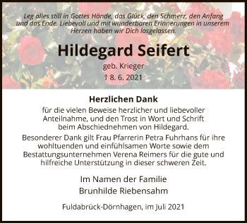 Traueranzeigen Von Hildegard Seifert Trauer Hna De