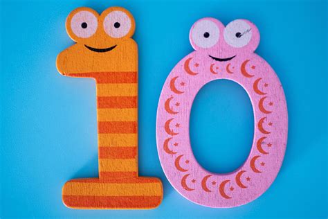 Cute And Colorful Wooden Number 10 With Eyes On A Blue Background