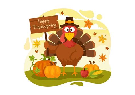 Happy Thanksgiving Day Vector Illustration With Turkey Bird Pumpkin Leaves And Many Others