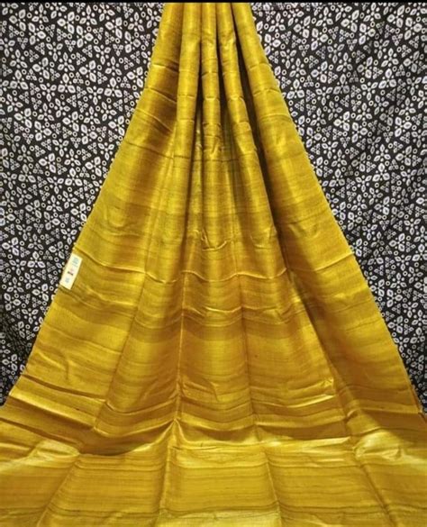 Festive Wear Yellowtussar Ghicha Silk Plain Saree M With Blouse