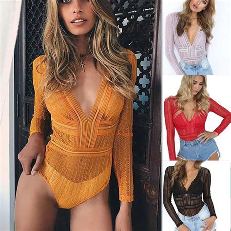 Deep V Neck Lace Mesh Crochet Bodysuit Women Slim Fit Romper Jumpsuit