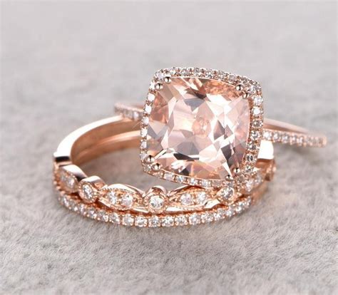 Limited Time Sale 2 Carat Morganite Diamond Trio Wedding Bridal Ring Set In 10k Rose Gold One