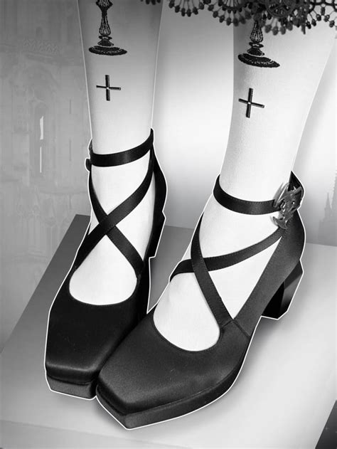 Cross Coffin Heel Gothic Black High Heel Nun Style Shoes