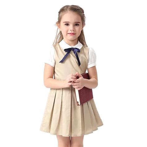 Big Girl Summer Dresses Bowknot Kids Dress School Uniform Blue Khaki Color Cotton 2017 Princess ...