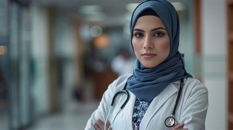 Portrait Of A Confident Muslim Female Doctor Wearing A Hijab With Arms