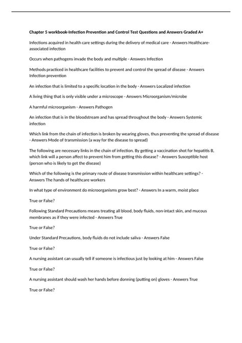 Chapter 5 workbook-Infection Prevention and Control Test Questions and
