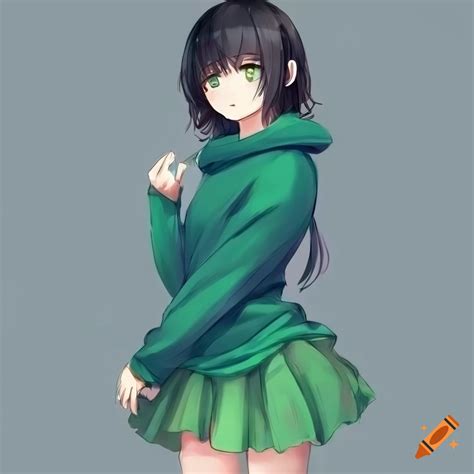 Anime Girl With Black Hair Green Eyes Wearing A Blue Sweater And Green