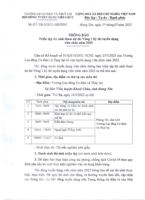 Thông báo triệu tập thí sinh tham dự thi Vòng 1 kỳ thi tuyển dụng viên