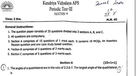 Class 9 Maths PT 3 Periodic Test 3 Question Paper For Kendriya