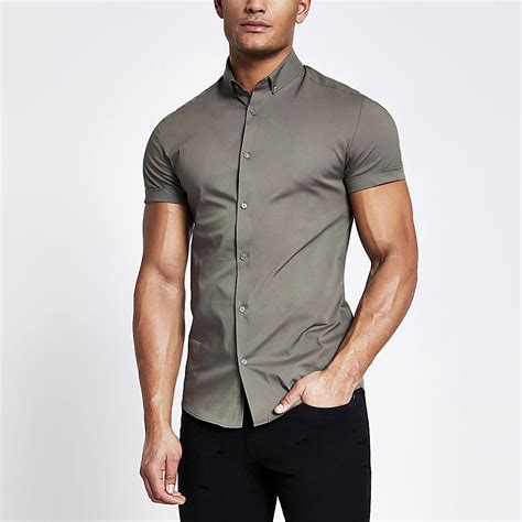 Khaki Muscle Fit Short Sleeve Shirt River Island