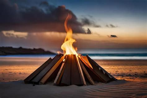 Premium AI Image | A bonfire on a beach with the ocean in the background