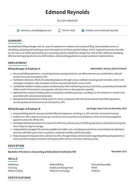 Billing Manager Resume Cv Example And Writing Guide