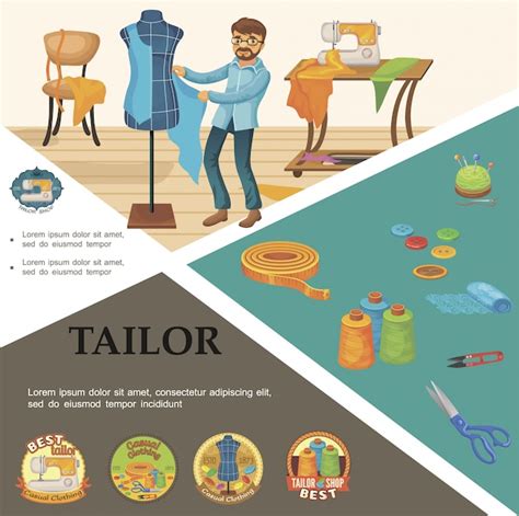 Free Vector Flat Tailoring Elements Composition With Tailor Mannequin Measuring Tape Spools Of