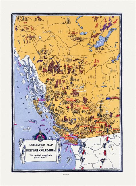 An Animated Map Of British Columbia 1929 On Heavy Cotton Canvas 22x27approx