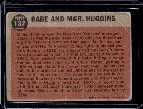 1962 Topps Babe Ruth And Mgr Huggins 137