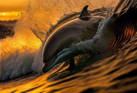 Beautiful Portrait Of A Dolphin Jumping From Water At The Sunset