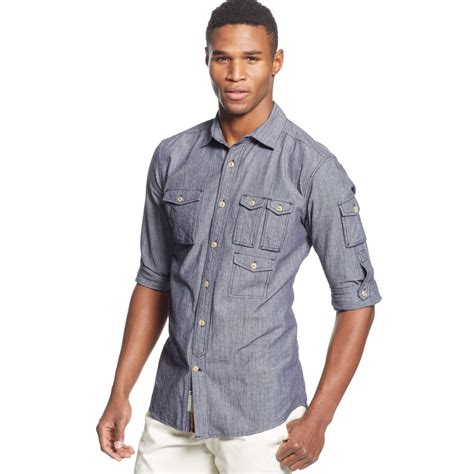 Sean John Long Sleeve Chambray Utility Shirt In Blue For Men Lyst