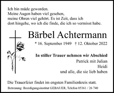 Traueranzeigen von Bärbel Achtermann trauer anzeigen de