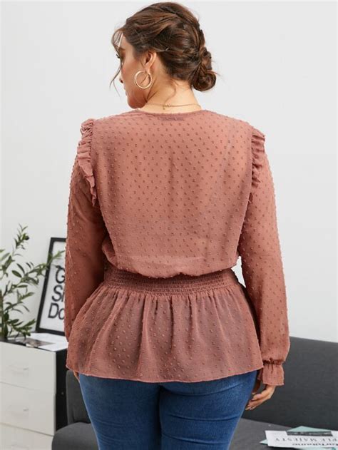 Plus Swiss Dot Frill Trim Flounce Sleeve Shirred Peplum Blouse Shein Usa