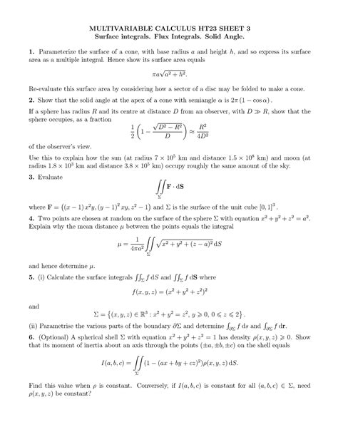 Sheet 3 Multivariable Calculus Ht23 Sheet 3 Surface Integrals Flux