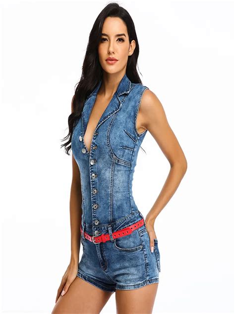 Female Single Breasted Jeans Rompers Womens Denim Jumpsuits Sleeveless