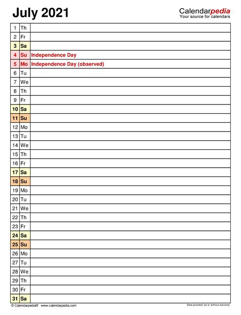 July Calendar Templates For Word Excel And Pdf