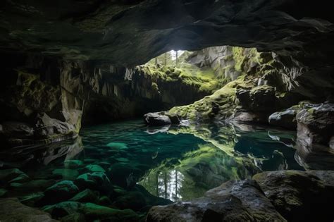 Una Cueva Con Una Superficie Cubierta De Musgo Verde Y Un Agua Azul En