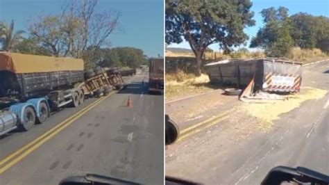 Carreta Carregada De Soja Tomba E Derrama Carga Na Pista Na Br 364