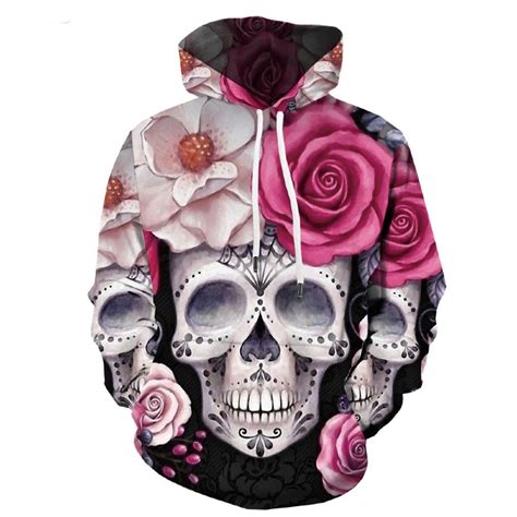 Women Hoodie Skull Print With Roses Visible Variety