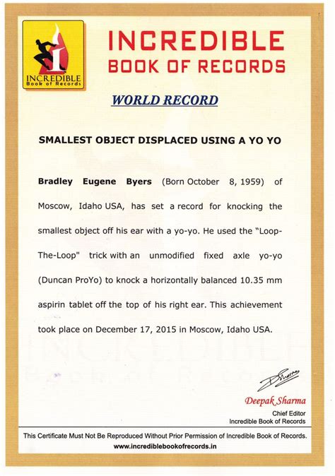 Incredible Book Of Records Smallest Object Displaced Using A Yo Yo